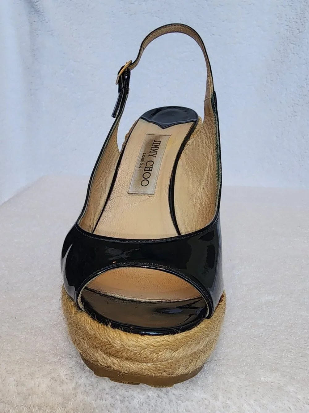 Jimmy Choo Navy Patent Leather Peep Toe Slingback Espadrille Platform Wedges